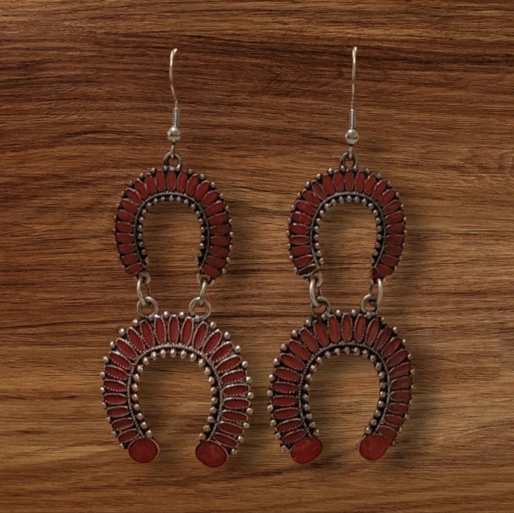 Western Red Squash Blossom Dangle Earrings New - Picture 3 of 3
